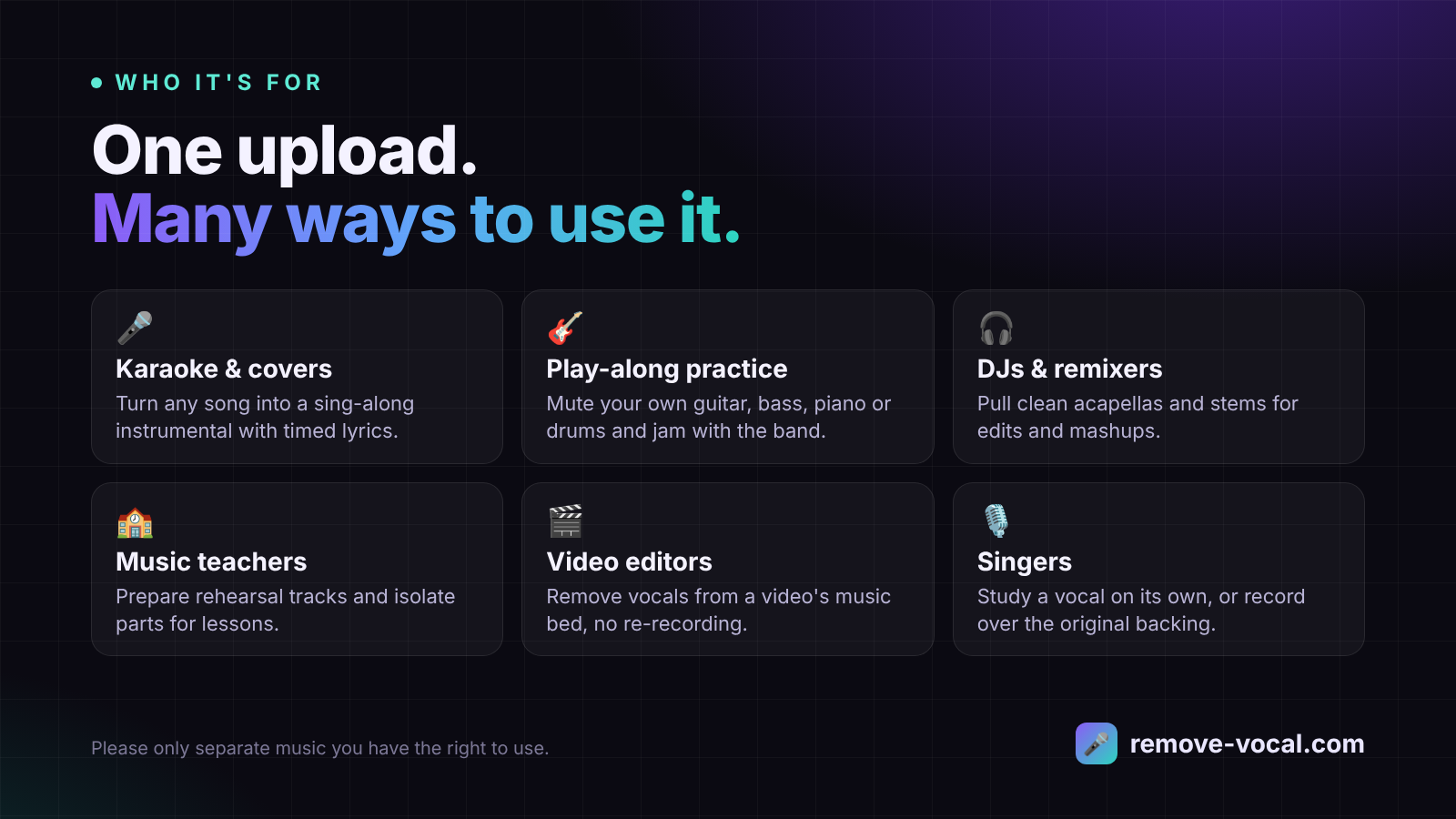 Karaoke, practice, DJs, teachers, video editors and singers